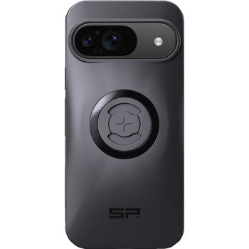 The SPC+ Phone Case Google Pixel 9 Pro XL by Sp Connect is a black case with a dual-lens camera and flash at the top left, a central circular magnetic ring, and SP branding near the bottom.
