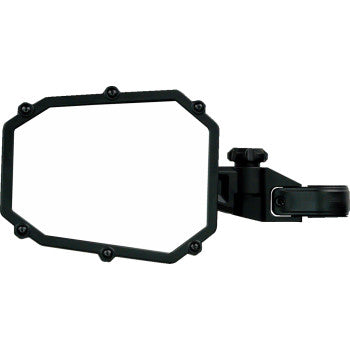 Black octagon-shaped offroad side view mirror with sturdy mounting bracket and adjustable clamp.