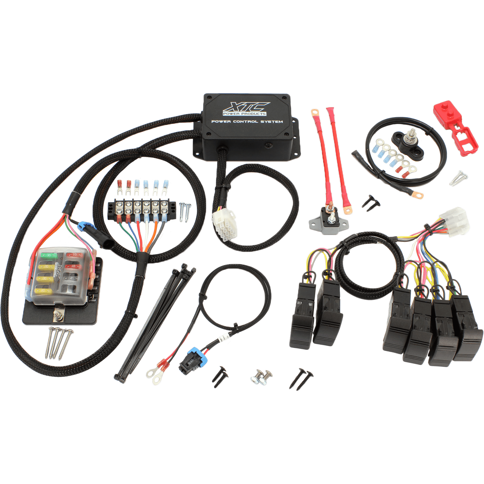 The Plug N Play Power Control 6 Switch by XTC Power is shown on a white background, featuring a control module, fuse block, relay box with fuses, cables, connectors, strobe rocker switch, wires, and mounting hardware.