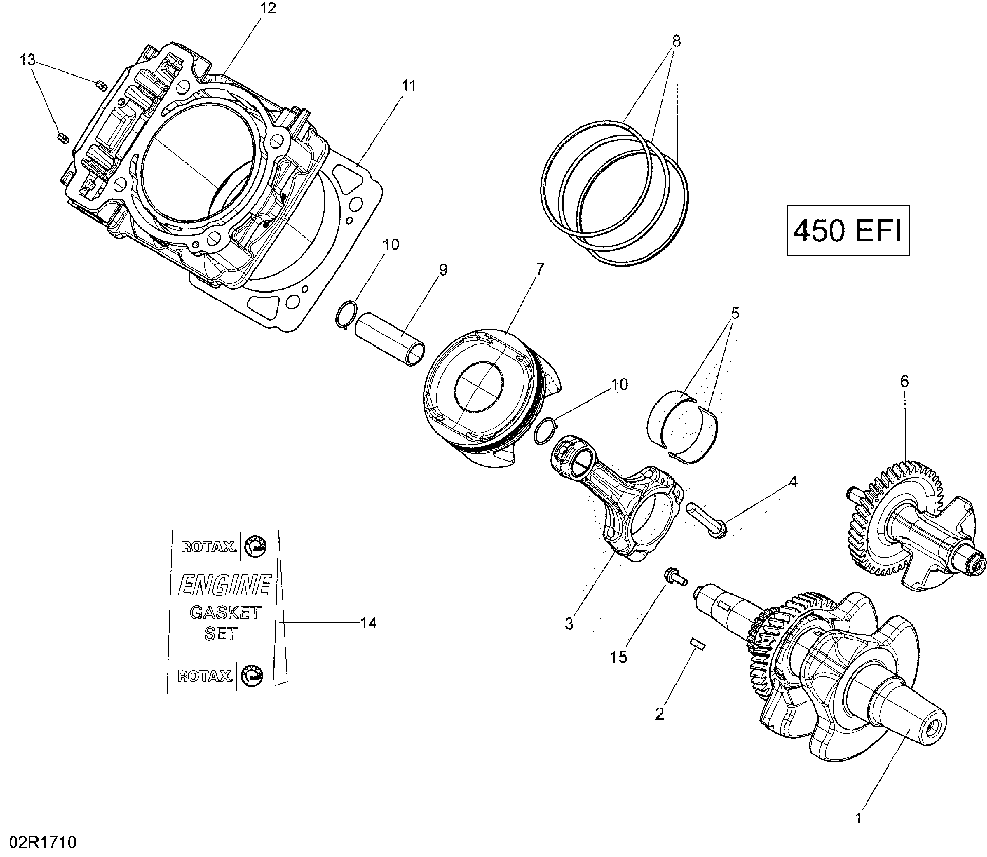 An Image of a Genuine Can-Am Parts Schematic Diagram showing the schematic - CRANKSHAFT AND PISTONS - 450 EFI;