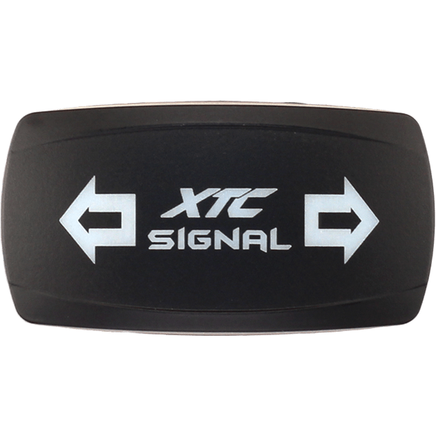 A black rectangular Dash Switch Rocker Face Turn Signal Horizontal by XTC Power, labeled XTC SIGNAL with white left and right arrow symbols on each side.