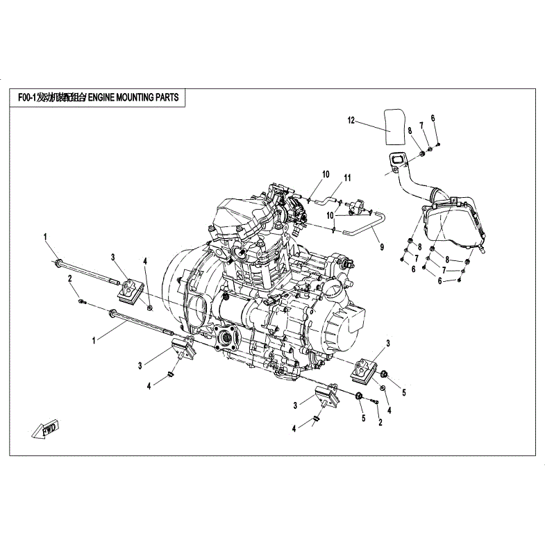 An Image of a Genuine CFMOTO Parts Schematic Diagram showing the schematic - ENGINE MOUNTING PARTS - 2018 CFMOTO ZFORCE 500