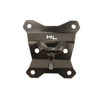 The Can-Am Rear Tow Hook Black by High Lifter features a black metal wall mount bracket with four bolt holes and a central clevis hook, labeled HL in white at the top center, shown against a plain white background.