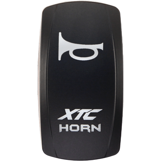 A black rectangular button featuring a white horn icon above the words "Horn XTC" and "By XTC Power" in bold, from the Dash Switch Rocker Face series.