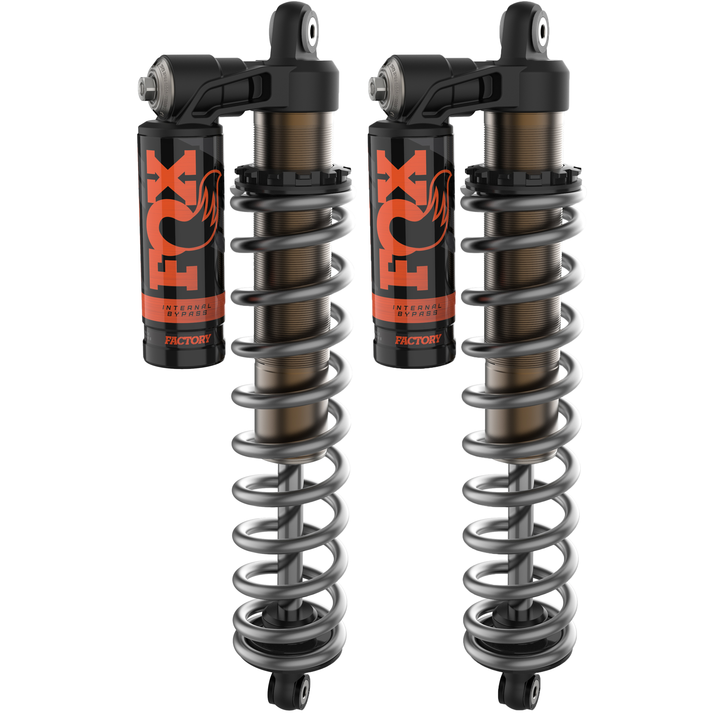Two Polaris RZR / General (4 Seat) (Front) 2.5 Podium RC2 Shocks by Fox, featuring large coil springs and piggyback reservoirs with orange and black branding, are displayed side by side against a white background.