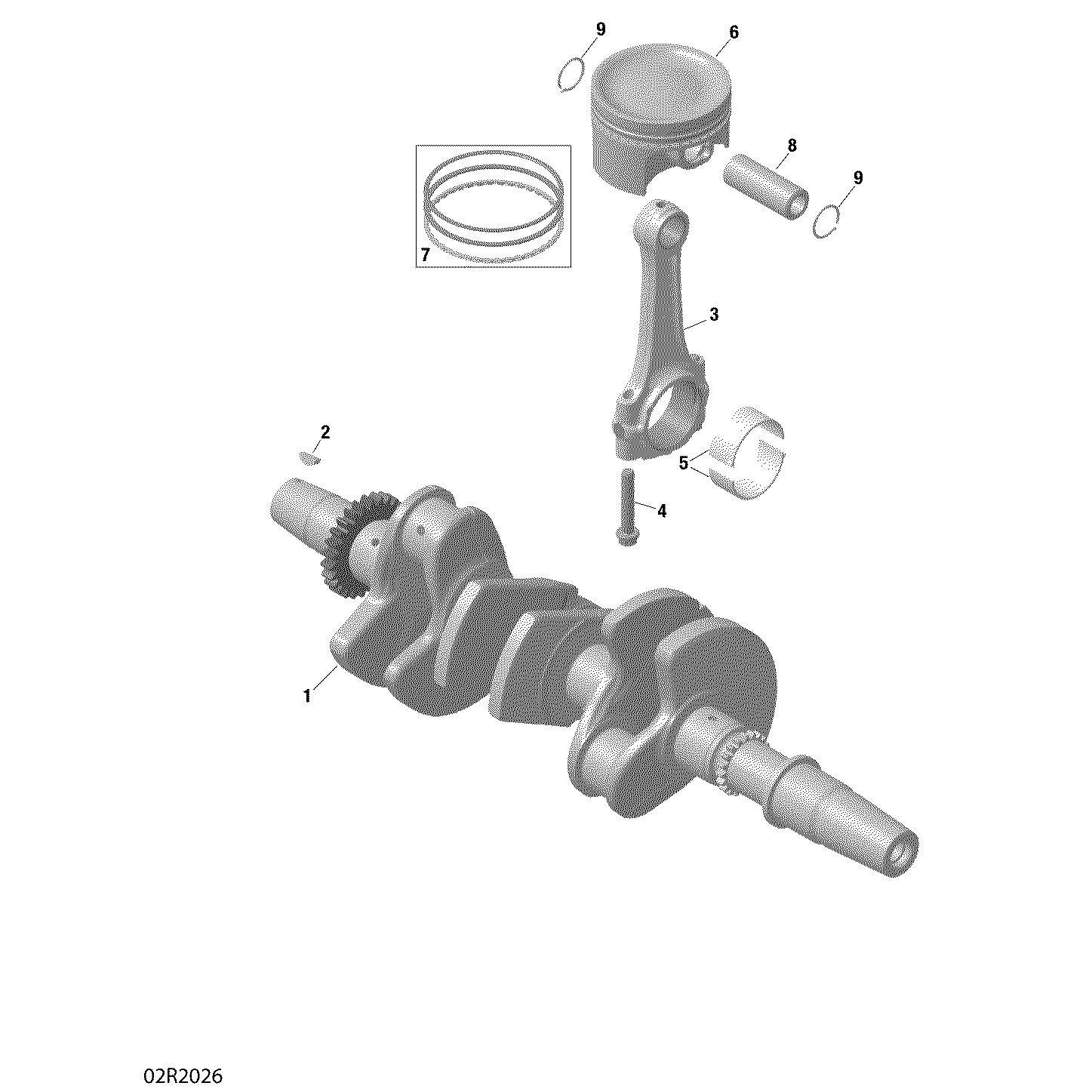 An Image of a Genuine Can-Am Parts Schematic Diagram showing the schematic - CRANKSHAFT AND PISTONS