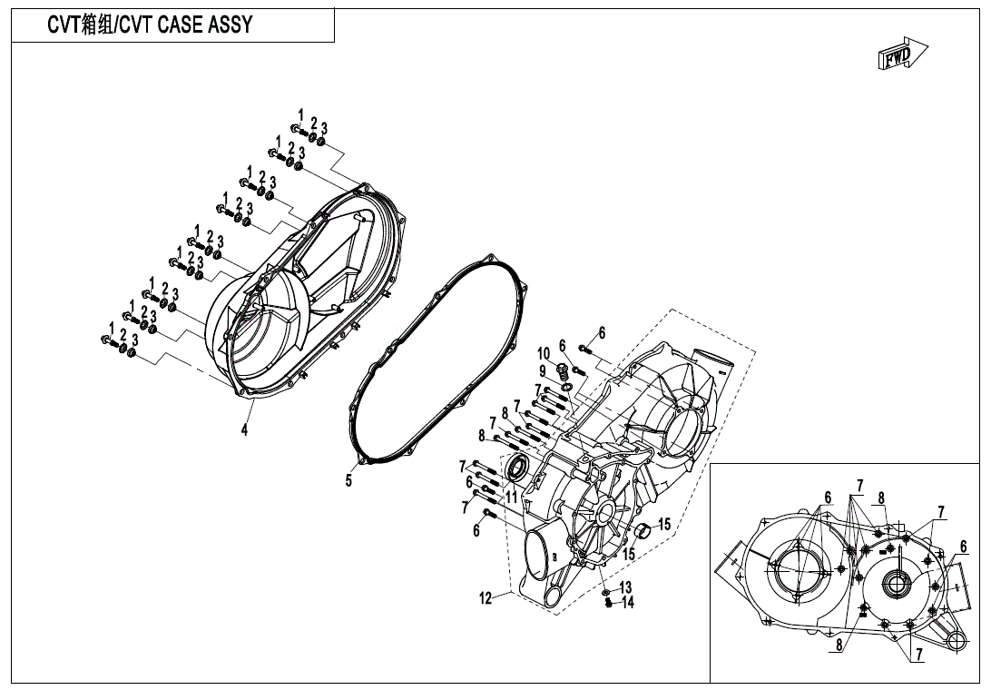 Exploded diagram of the Cvt Cover by CF Moto with labeled parts, detailed insets, and numbered references—perfect for identifying OEM parts or locating UTV & ATV components on Witchdoctors.com.