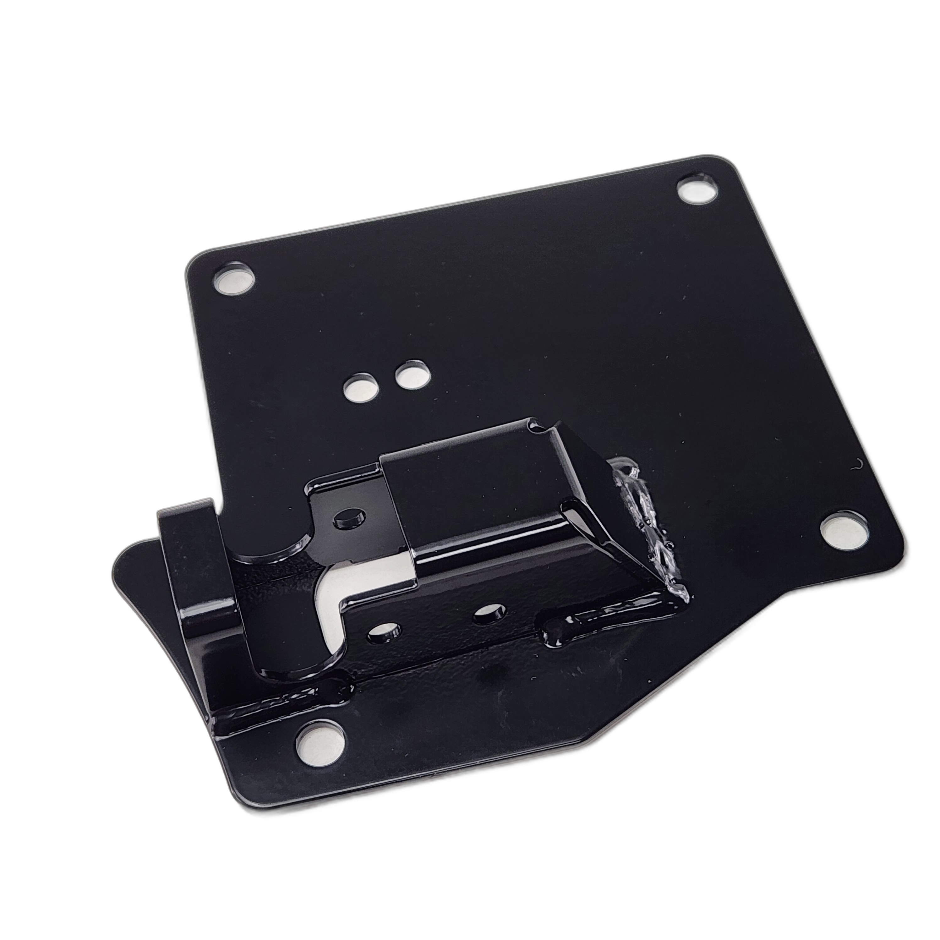 The Latch Bracket Mount Rear Left by Arctic Cat is a black metal OEM part with four screw holes and a raised, angled center, shown against a white background. This is the genuine Arctic Cat rear left mount, part #650951G01.