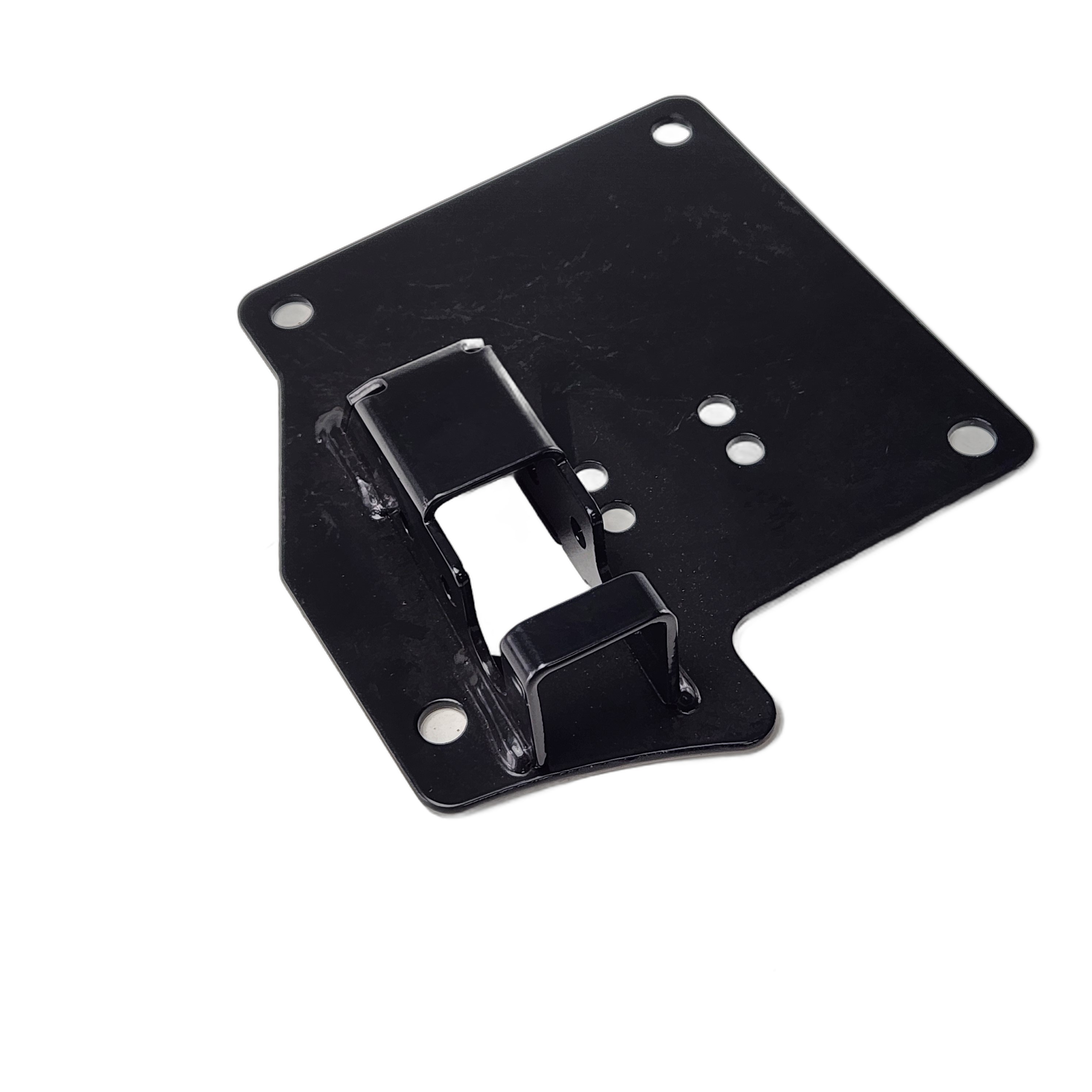 A black Arctic Cat Latch Bracket Mount Rear Right with five holes and an elevated clip, shown on a white background. Find genuine OEM Arctic Cat parts like this at Witchdoctors.com.