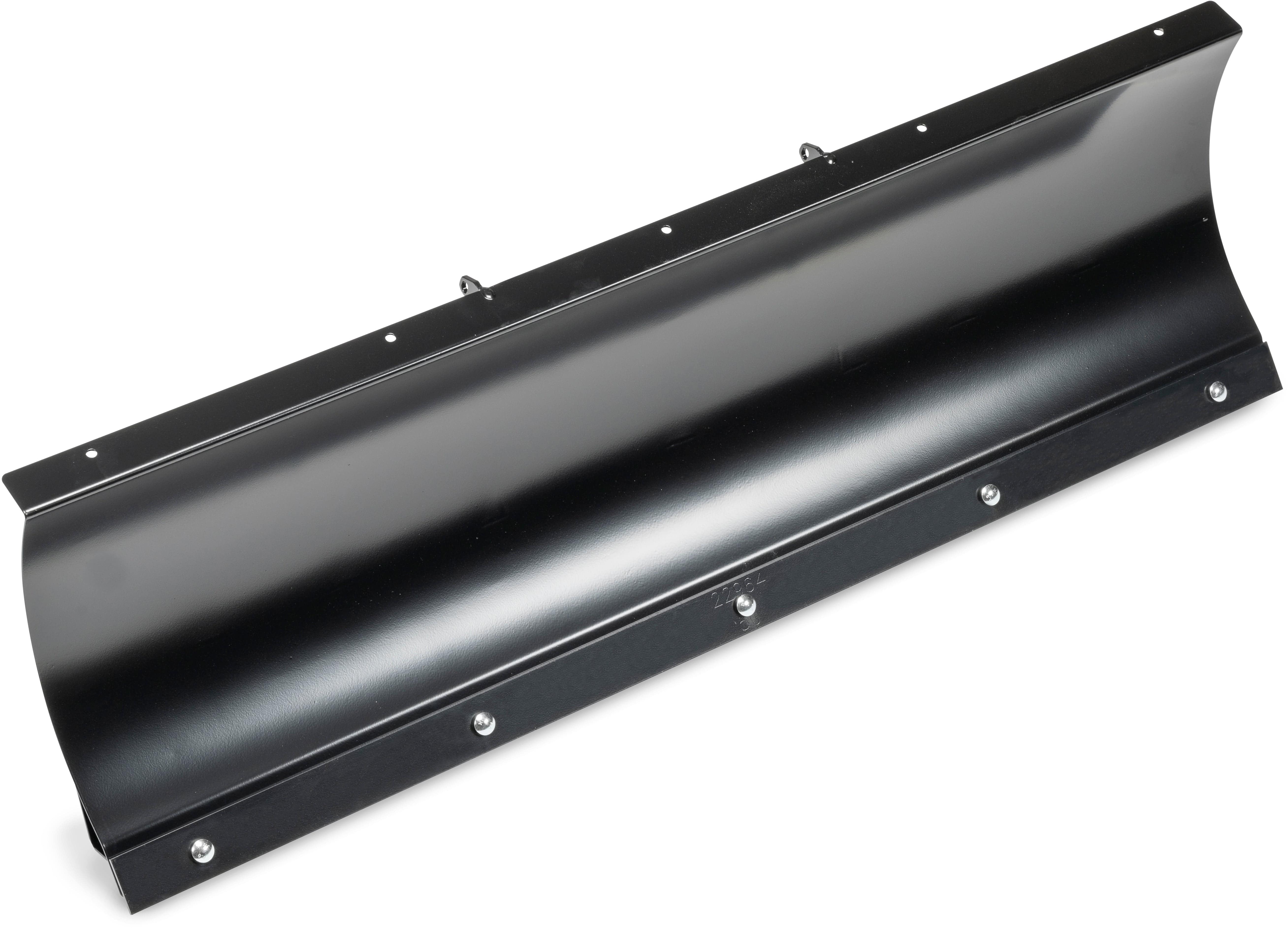 The Provantage II Steel Snow Plow Blade 54 by Warn, featuring a curved black metal surface and bolt attachments, is shown angled against a white background.
