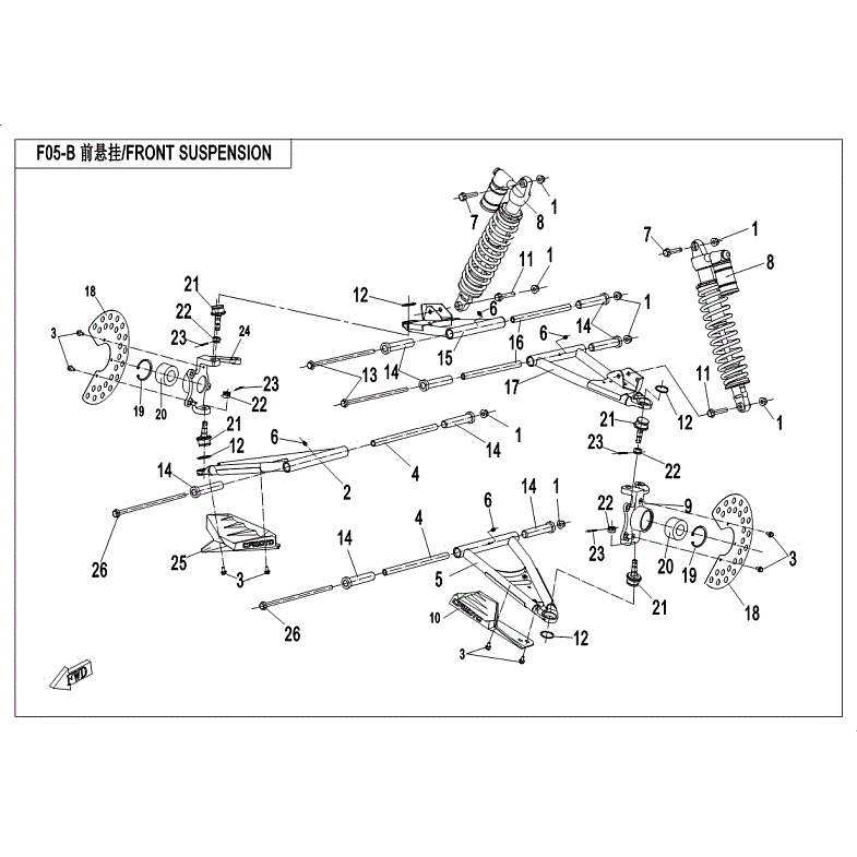 An Image of a Genuine CFMOTO Parts Schematic Diagram showing the schematic - FRONT SUSPENSION (2018) - 2018 CFMOTO ZFORCE 500