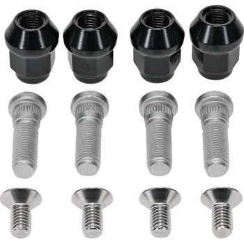 The Can Am Wheel Stud Nut Kit Front & Rear by Moose Offroad includes four black hex nuts, four silver hex-head bolts, and four flat-head screws, displayed in three rows on a white background.