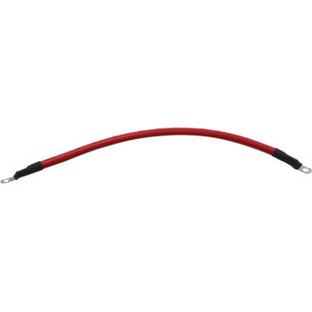 The Battery Cable 12" Red by Moose Offroad features 6 gauge copper wire with metal ring terminals and black insulation near the ends—perfect for connecting a second battery in your UTV. Shown on a white background.