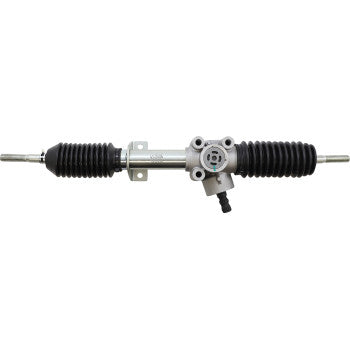 The Steering Rack by Moose Offroad features black rubber boots on each end, tie-rod ends on the sides, a central metal housing, and a steering gear mechanism attached in the middle.