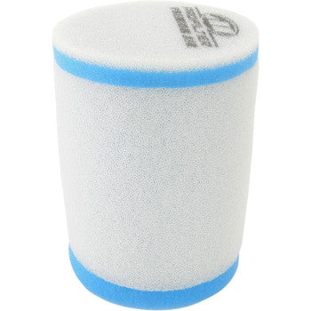 The Kawasaki - Suzuki Premium Air Filter by Pro Filter is a cylindrical white foam filter with blue-edged top and bottom, featuring a black logo and printed text on the top for superior filtration.
