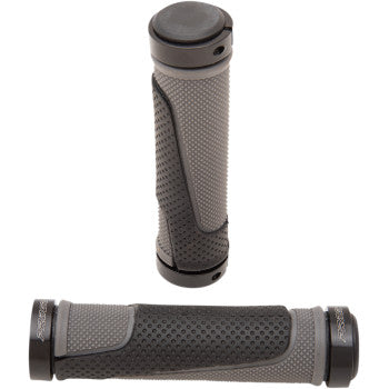 The Grips Locking 997 Gray / Black by Pro Grip are ergonomic bicycle grips with a conical design and locking rings on each end, shown in gray and black textures from various angles for superior grip and control.