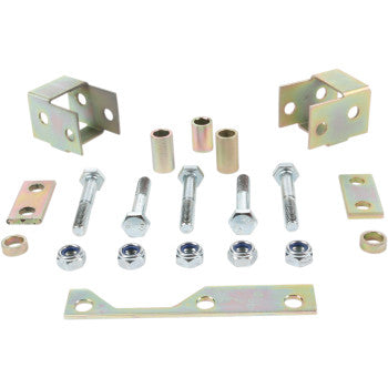 The Lift Kit Front & Rear 2.00 by High Lifter includes metal brackets, bolts, nuts, washers, and spacers—perfectly organized on a white background for ATV/UTV projects or big wheel kits needing extra clearance.