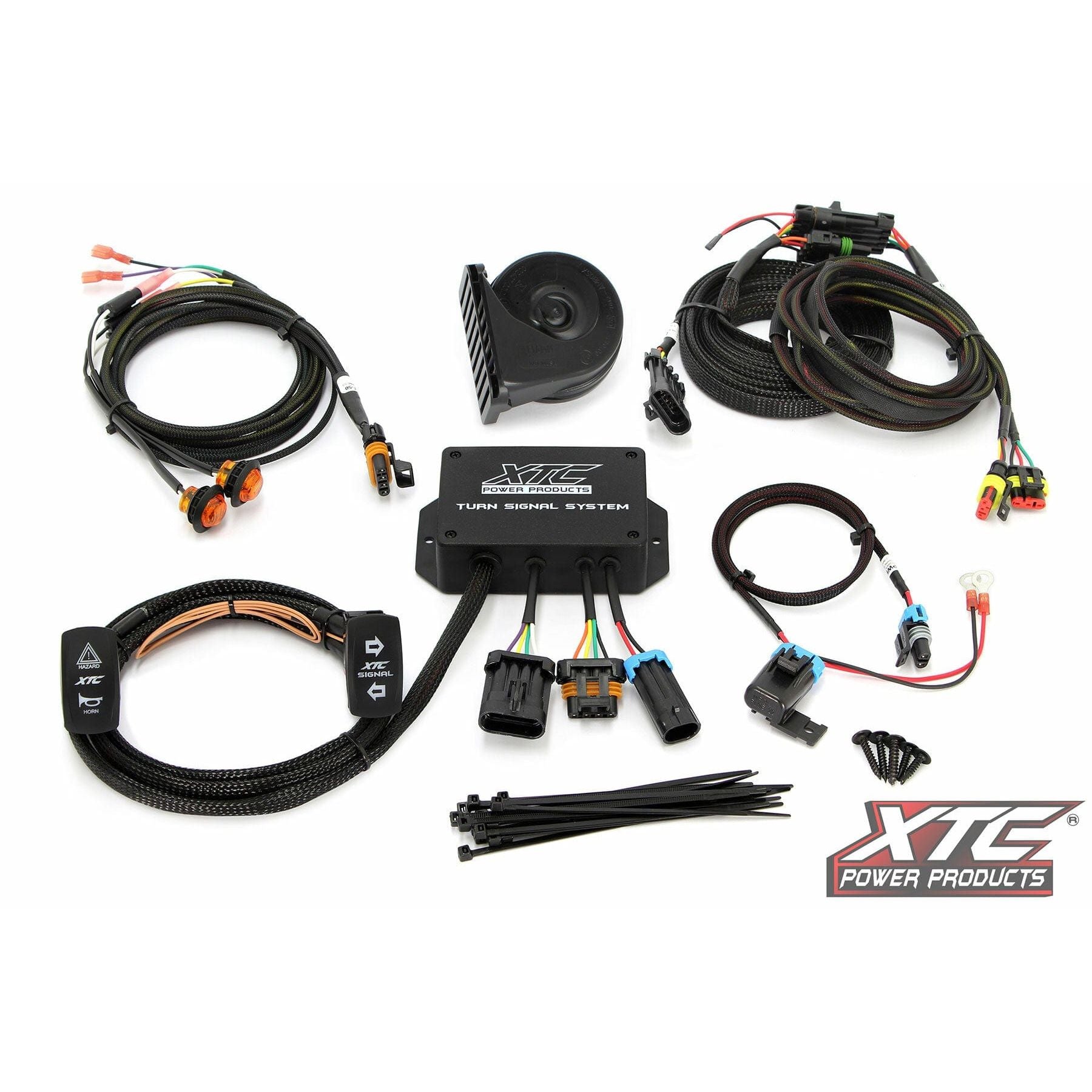 The Standard Turn Signal Kit Can by XTC Power includes cables, connectors, switches, horn, zip ties, control box, and an OEM harness for easy installation. The XTC Power Products logo is shown in the lower right corner.