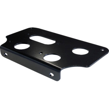 Black metal Brushguard Winch Mount Standard by Kfi Products with various cutouts and four corner holes, fits 2-hole mount winches. Shown angled on a white background. Perfect for Polaris OEM Brushguard setups.