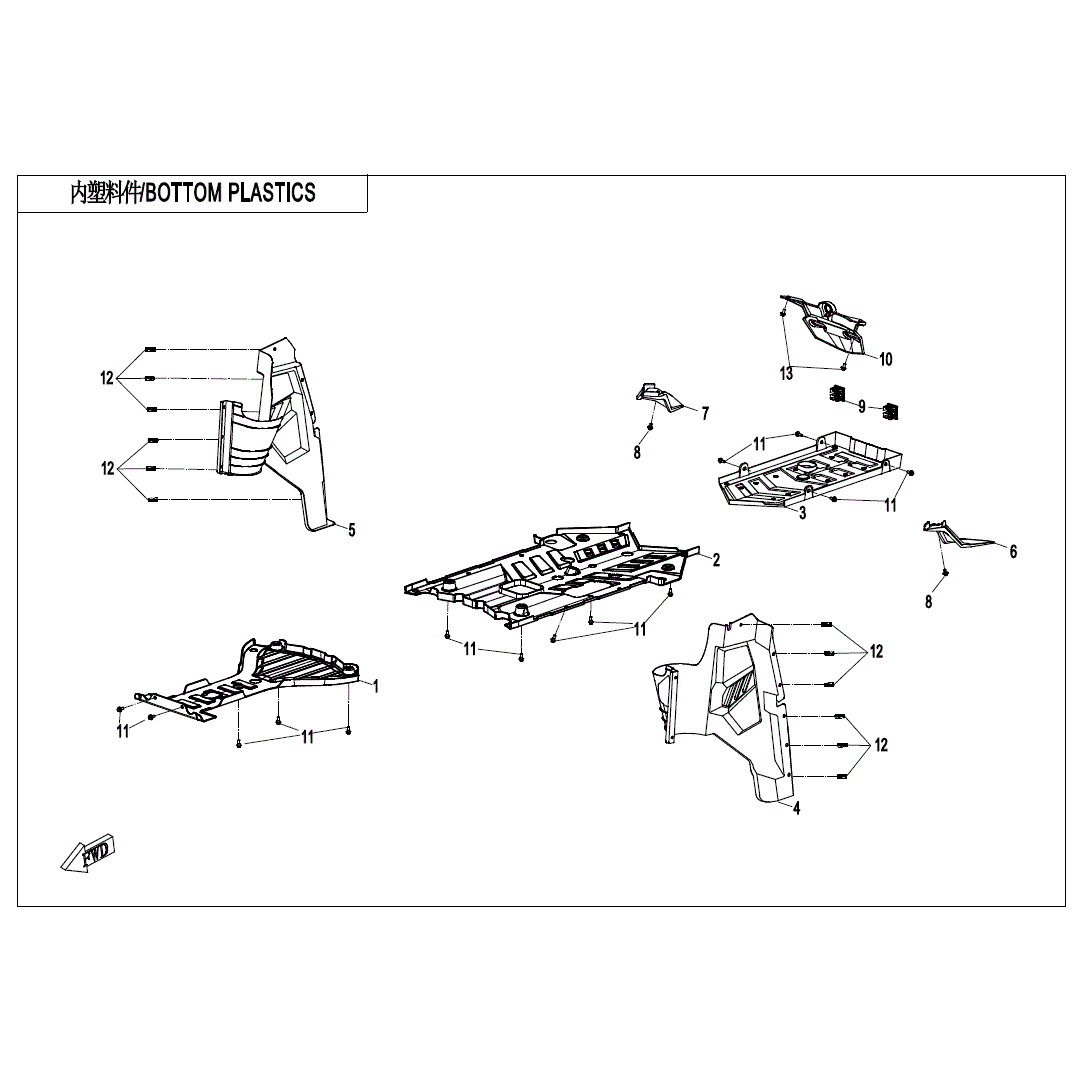 An Image of a genuine CFMOTO Parts Schematic Diagram showing the group - BOTTOM PLASTICS - 2021 CFMOTO CFORCE 800 XC