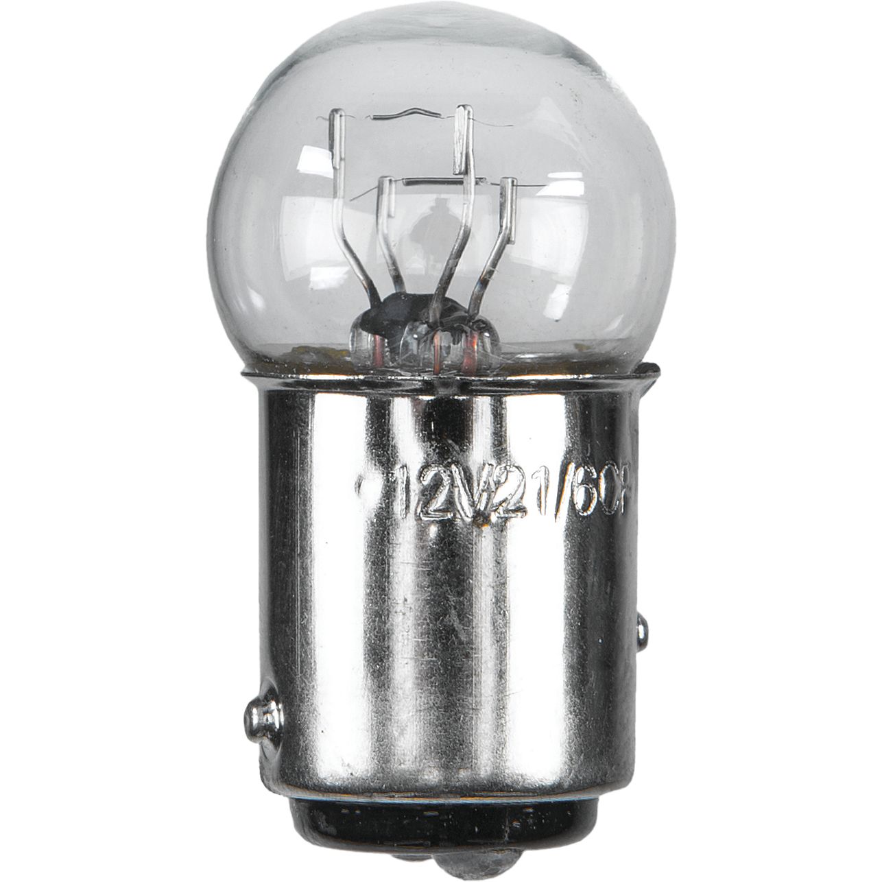 A close-up of the 10/Pk 12V Dual Element Bulb by EMGO shows its clear glass dome, metallic base marked 12V 21/6W, and visible filament and wiring inside.
