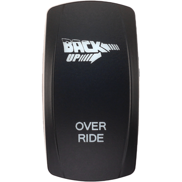 The Dash Switch Rocker Face Back Up Over Ride by XTC Power features a black switch labeled BACK UP with a right arrow at the top and OVER RIDE in white lettering below.