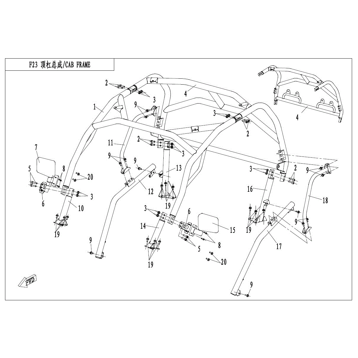 An Image of a Genuine CFMOTO Parts Schematic Diagram showing the schematic - CAB FRAME (ROPS) - 2017 CFMOTO ZFORCE 800 EX