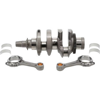 The Polaris Crankshaft Assembly OEM Stroke by Hot Rods is shown horizontally with two Hot Rods connecting rods and four bearing shells, all precisely arranged on a white background.