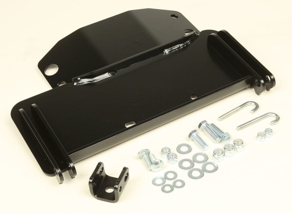 The Polaris Provantage Center Snow Plow Mounting Kit by Warn includes a black metal bracket and assorted hardware—bolts, nuts, washers, and U-bolts—arranged on a light surface for secure plow mounting plate setups.