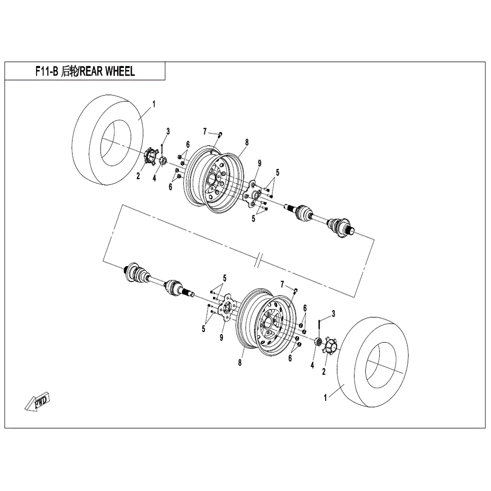 An Image of a genuine CFMOTO Parts Schematic Diagram showing the group - REAR WHEEL (USA) - 2022 CFMOTO CFORCE 500 S