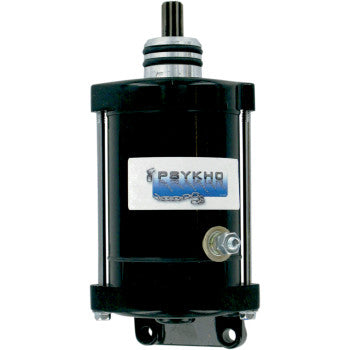 Polaris Starter by Psykho: Black cylindrical electric motor with metal mounting base and exposed top shaft. Features an OEM replacement label marked "PSYKHO" with chain graphic—perfect for new starters.