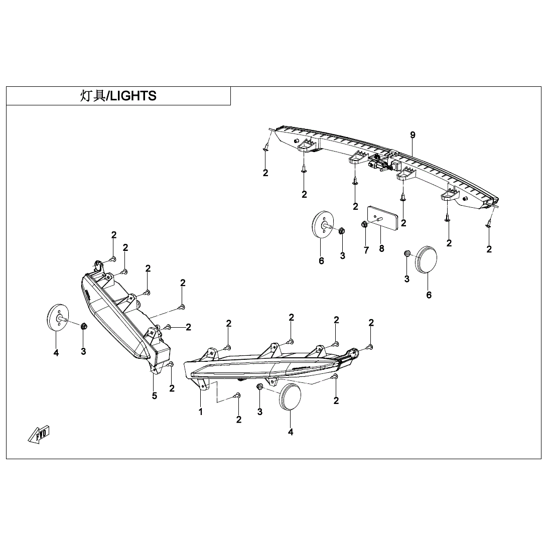 An Image of a genuine CFMOTO Parts Schematic Diagram showing the group - LIGHTS - 2024 CFMOTO CFORCE EV110