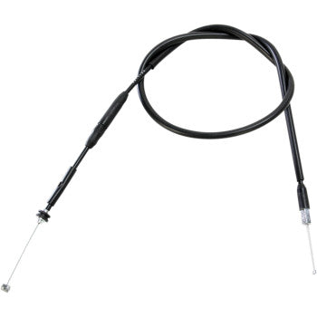 A Yamaha Black Vinyl Throttle Cable 37 1/2" by Moose Offroad with metal ends, coiled on a white background, features a pre-lubricated nylon sleeve for smooth performance.