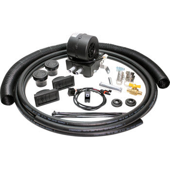 Black compact UTV cab heater unit with flexible hoses, mounting brackets, connectors, and wiring components laid out on.