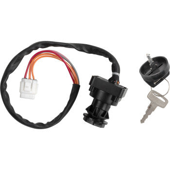 Black plastic ignition switch with attached multicolored wiring harness and metal key with round black plastic key fob.