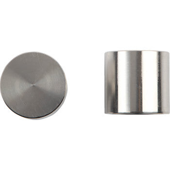 Two views of a small, cylindrical Brake Caliper Piston by All Balls: one shows the flat circular top, the other displays the smooth, shiny side, expertly precision machined from 304 stainless steel.