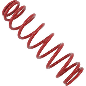 The Rear Spring Heavy Duty Red Spring Rate 125 lb/in by Epi is a robust red coil, shown diagonally on a white background—perfect for use as chrome silicon suspension springs or similar suspension accessories.