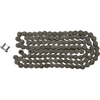 The 420 HDR Heavy Duty Drive Chain Steel 122 Links by Jt Chains is shown laid flat with a removable connecting link beside it, ideal for use in bicycles or machinery.