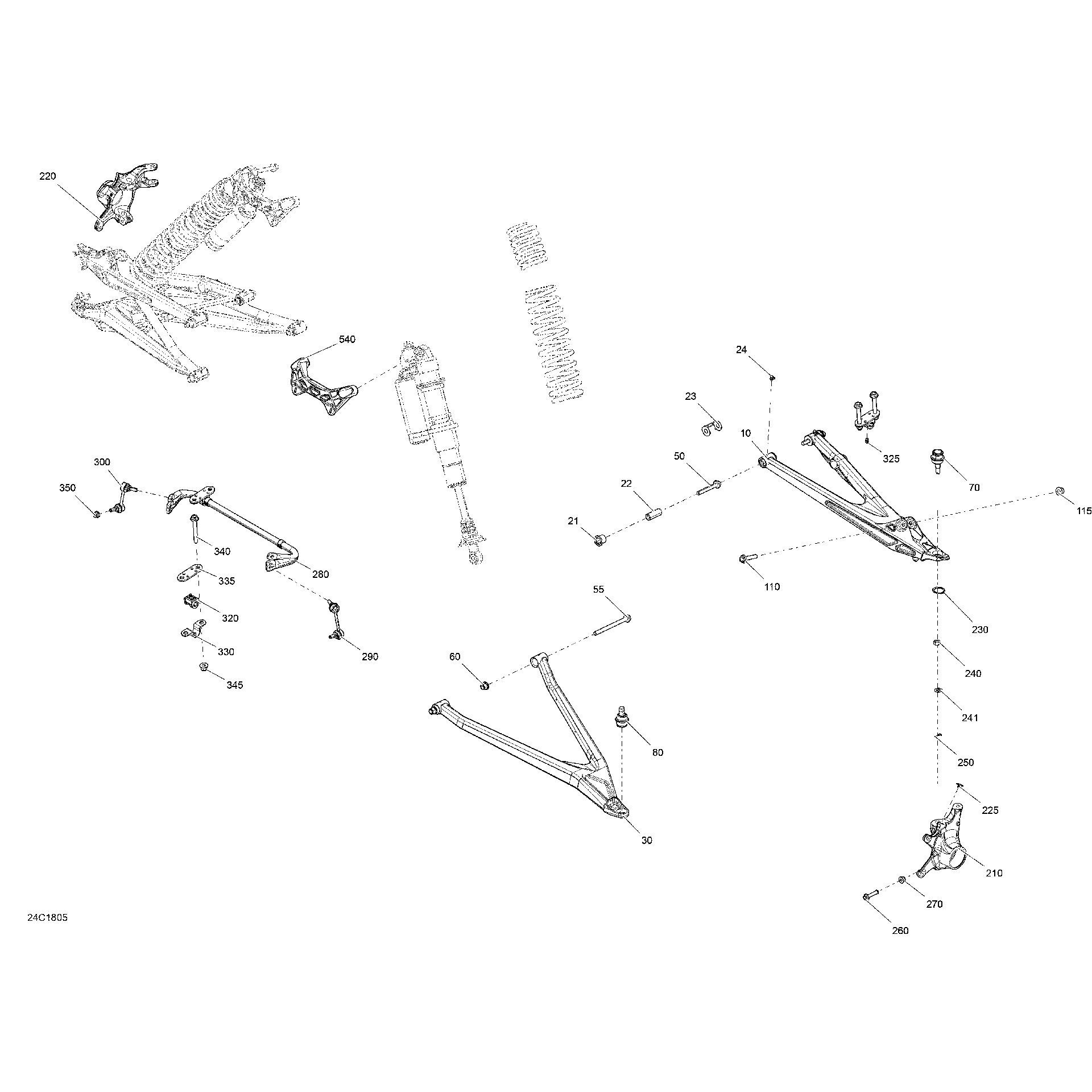 An Image of a Genuine Can-Am Parts Schematic Diagram showing the schematic - FRONT SUSPENSION MAVERICK X3 - PACKAGE X MR