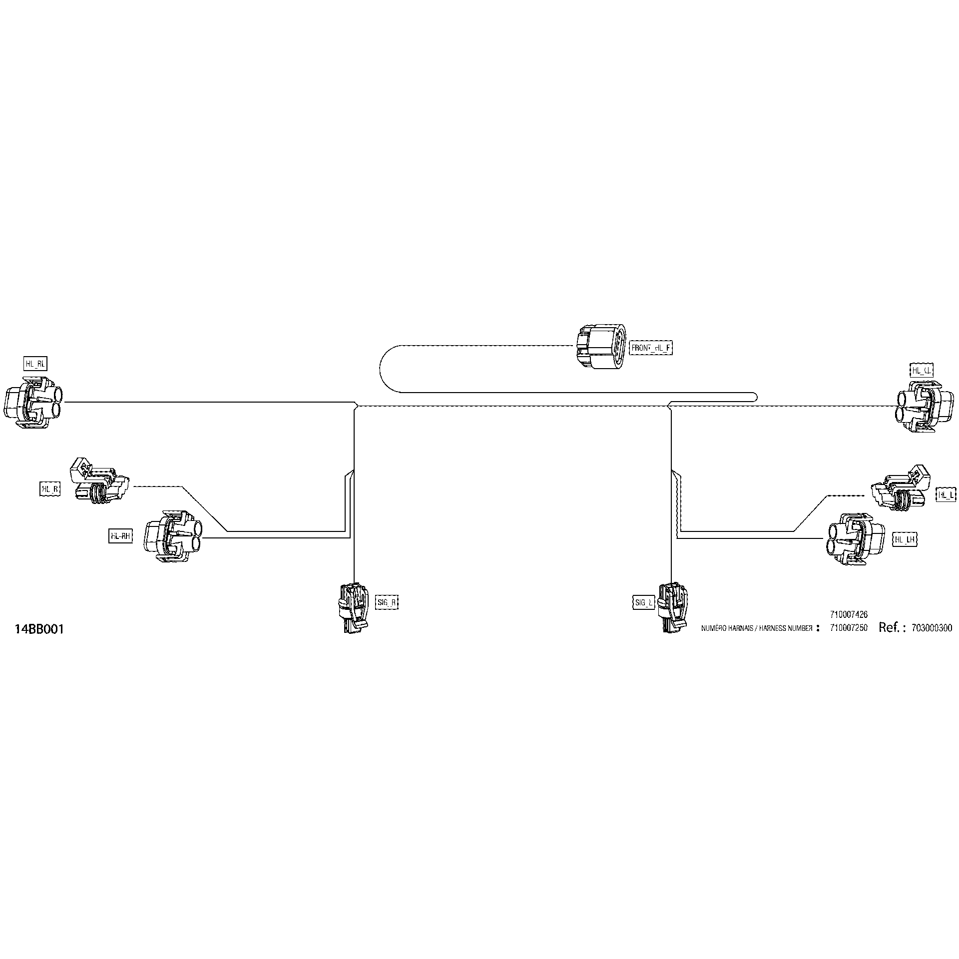 An Image of a Genuine Can-Am Parts Schematic Diagram showing the schematic - ELECTRIC - FRONT WIRING HARNESS - 710007250