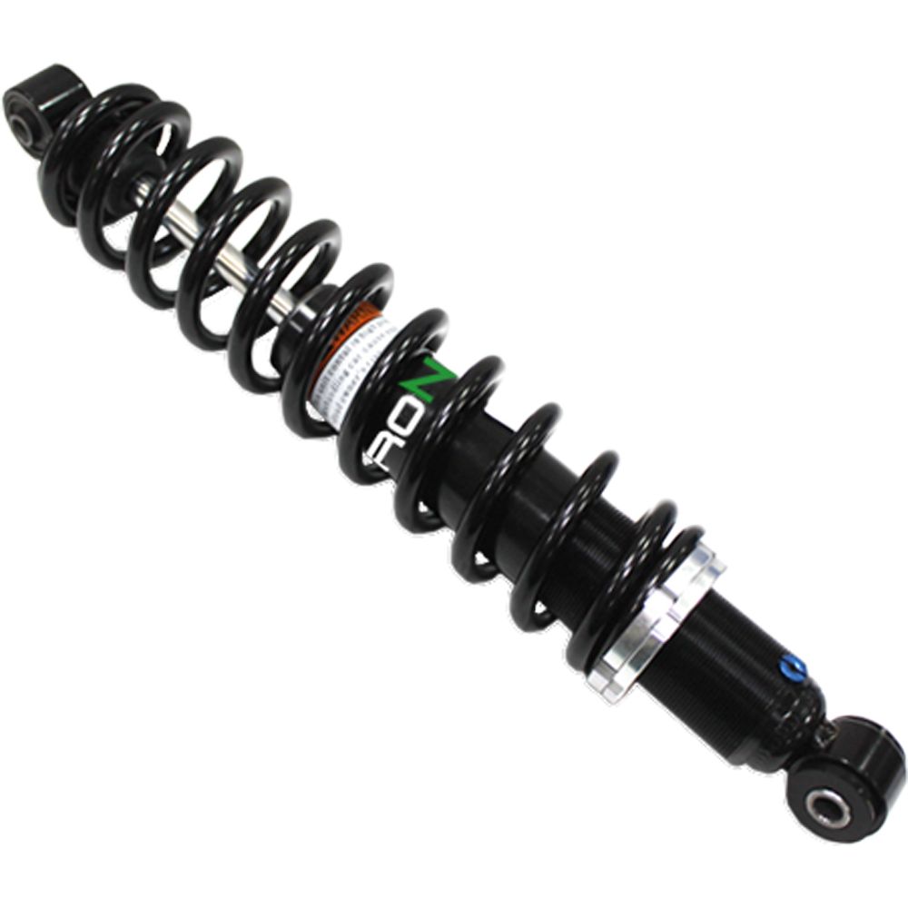 The Honda Rancher UTV/ATV Rear Gas Shock by Bronco is a black, coiled metal shock absorber with mounting brackets, perfect for your suspension needs. Available now at Witchdoctors.com.