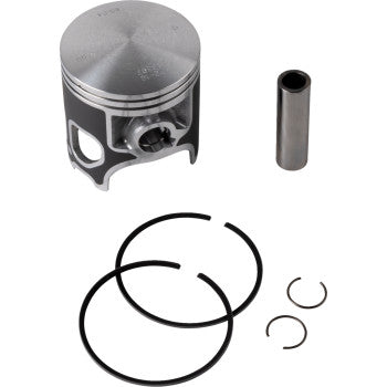 Silver cylindrical piston with flat top, metal wrist pin, two black piston rings, and two small black circlips arranged on.