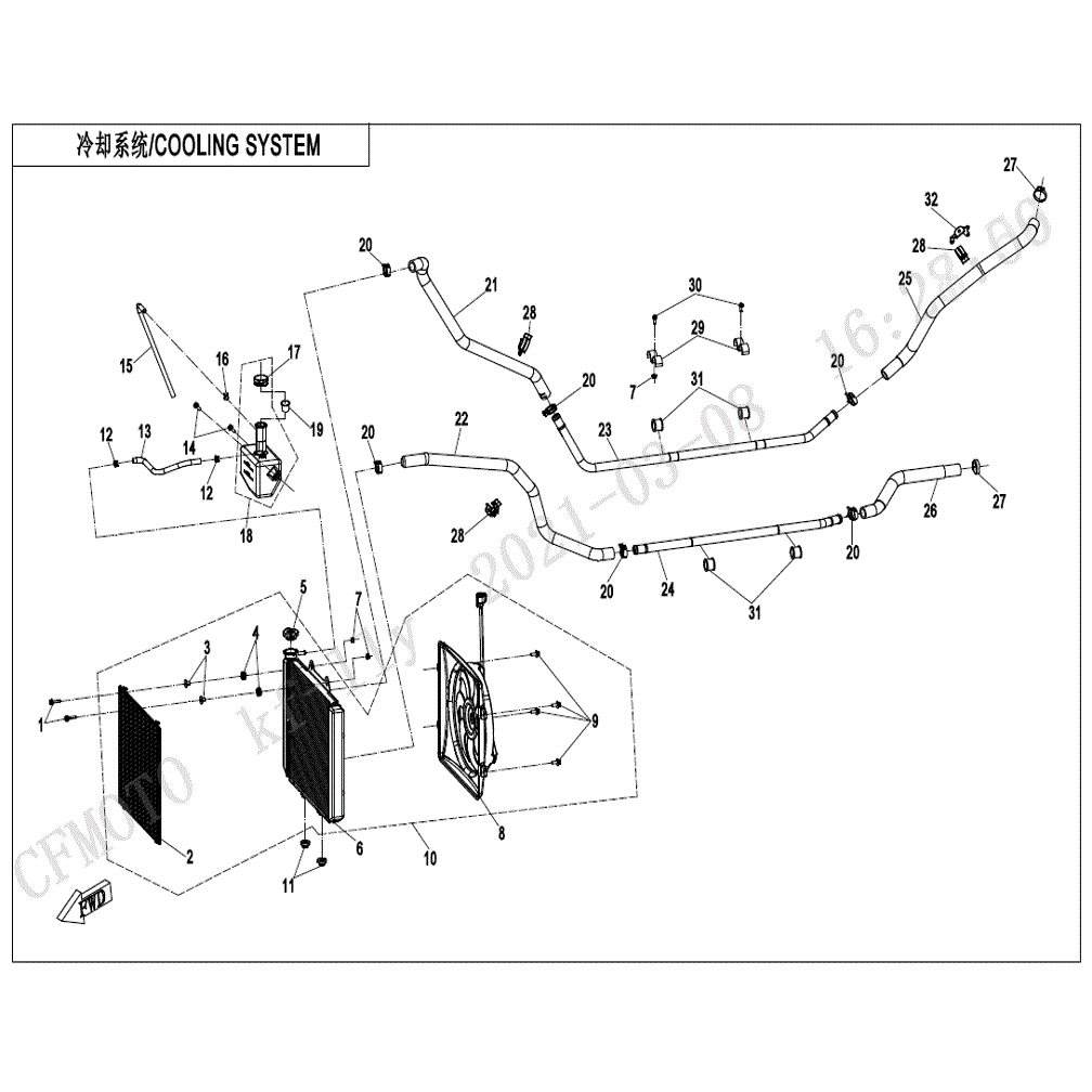 An Image of a Genuine CFMOTO Parts Schematic Diagram showing the schematic - COOLING SYSTEM - 2021 CFMOTO UFORCE 600
