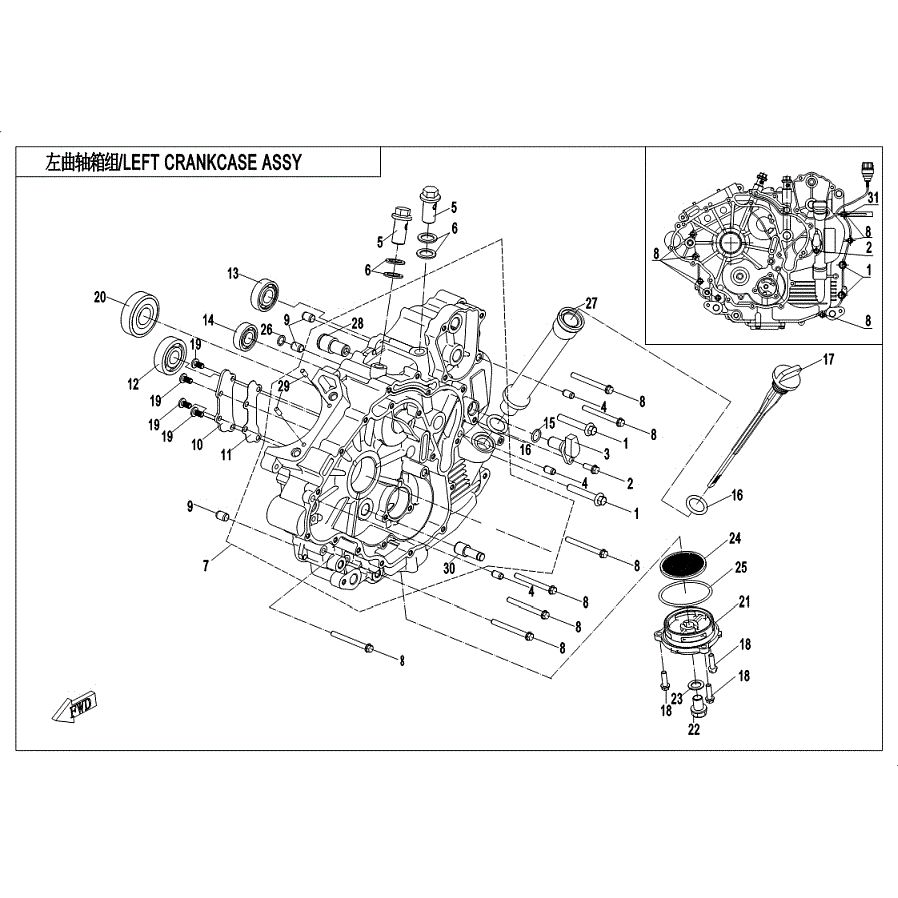An Image of a Genuine CFMOTO Parts Schematic Diagram showing the schematic - LEFT CRANKCASE ASSY. - 2019 CFMOTO ZFORCE 500