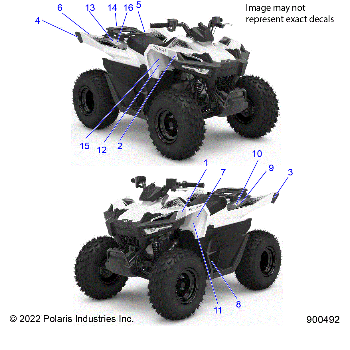 An Image of a Genuine Polaris Parts Schematic Diagram showing the schematic - BODY: DECALS WARNING AND REFLECTORS - 2023 POLARIS OUTLAW 70