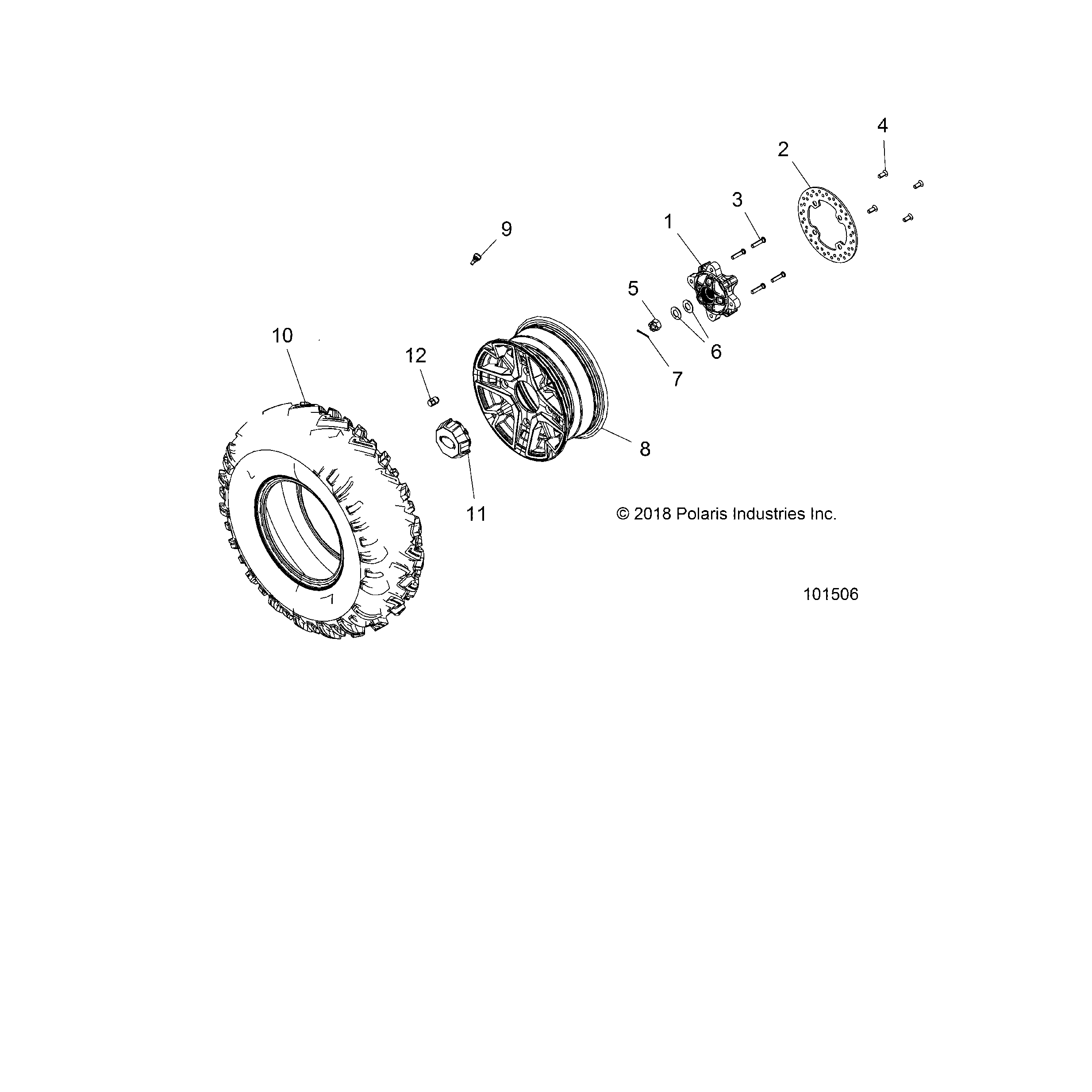 An Image of a Genuine Polaris Parts Schematic Diagram showing the schematic - WHEELS: FRONT TIRE and BRAKE DISC - 2019 POLARIS ACE 570