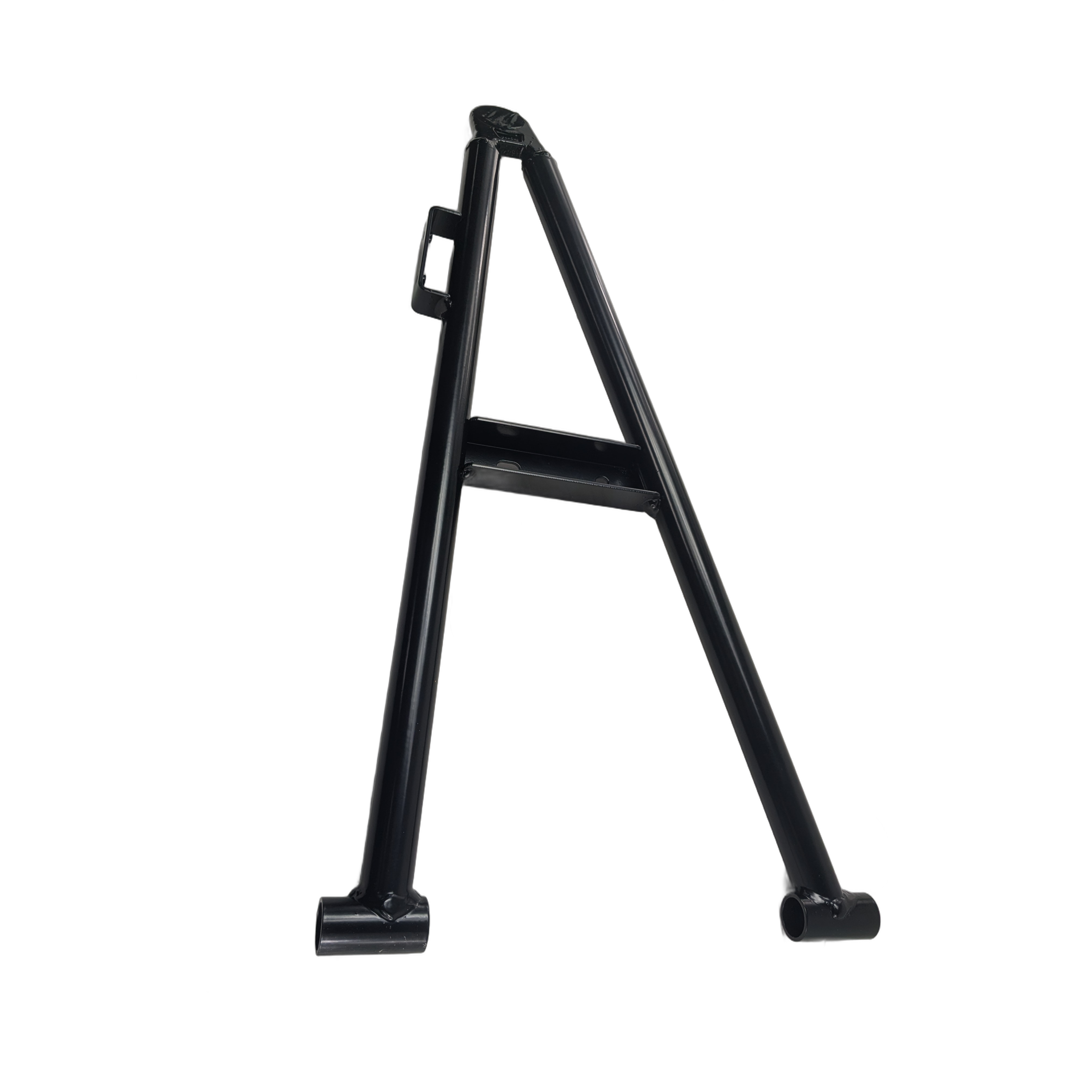 Black metal A-arm with welded joints and mounting points for front lower left suspension parts.