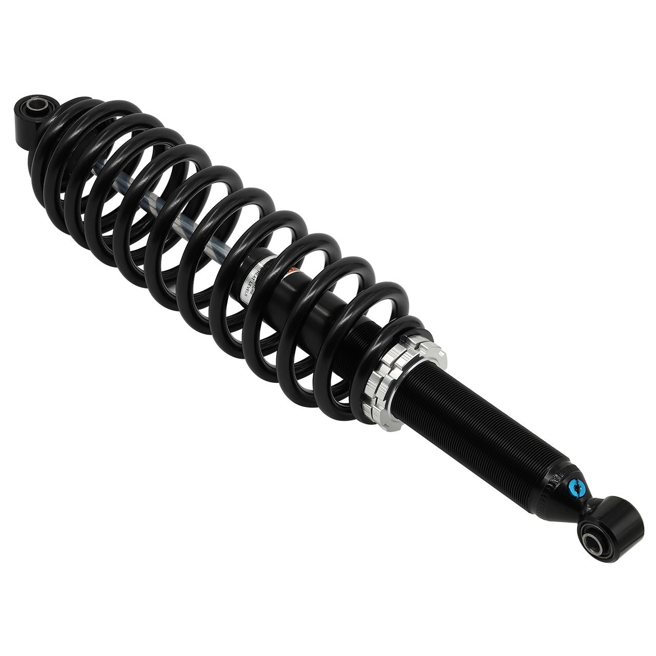 The Can-Am Outlander ATV Rear Gas Shock by Bronco is a black metal coil spring shock absorber with a threaded body and mounting eyelets, perfect for reducing shocks and vibrations in ATVs—available at Witchdoctors.com.