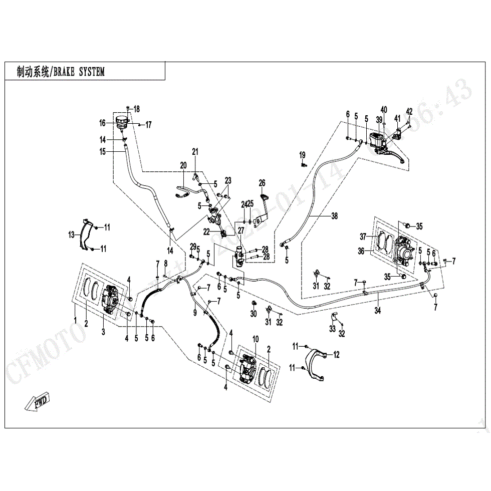 An Image of a genuine CFMOTO Parts Schematic Diagram showing the group - BRAKE SYSTEM - 2022 CFMOTO CFORCE 400