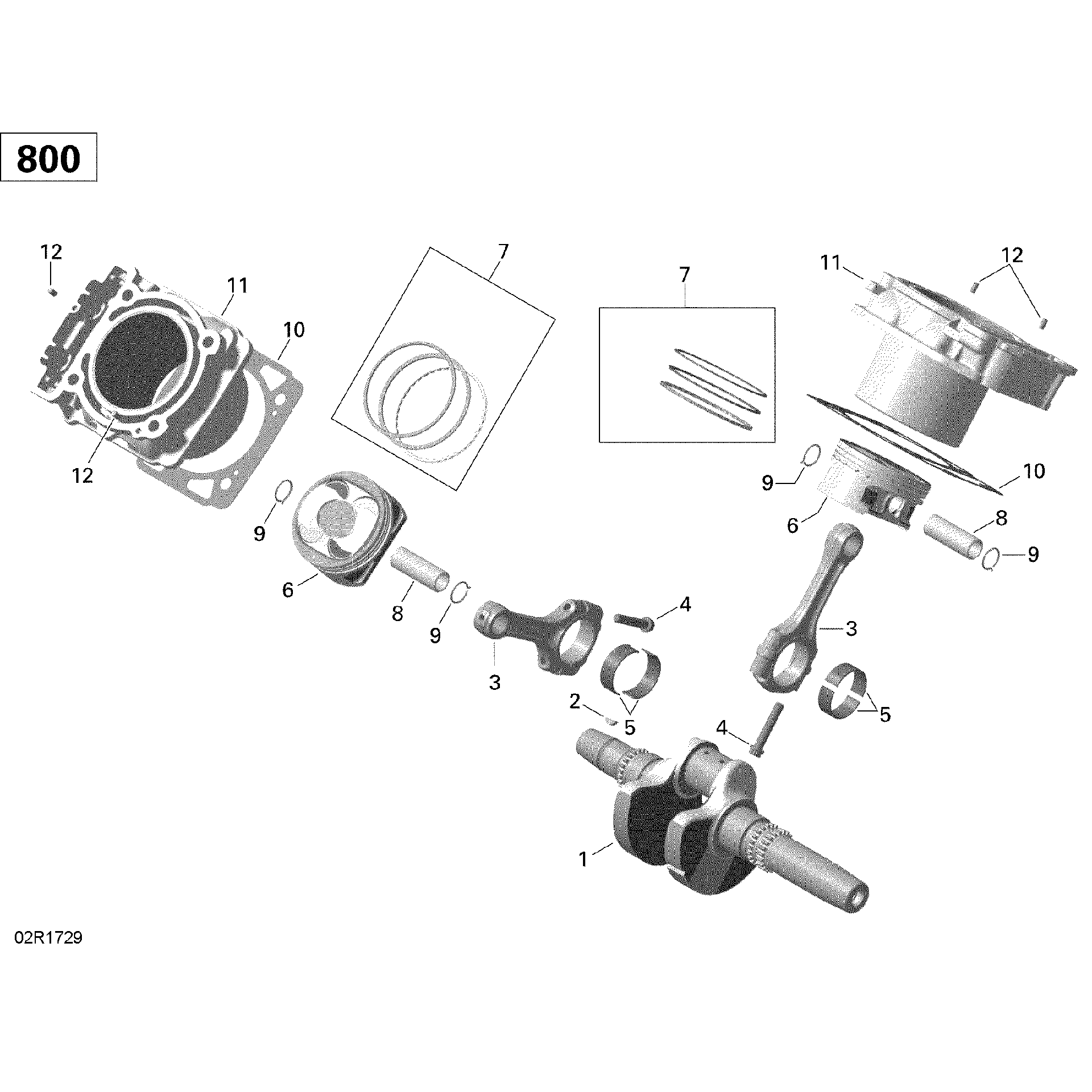 An Image of a Genuine Can-Am Parts Schematic Diagram showing the schematic - CRANKSHAFT PISTON AND CYLINDER - 800R EFI